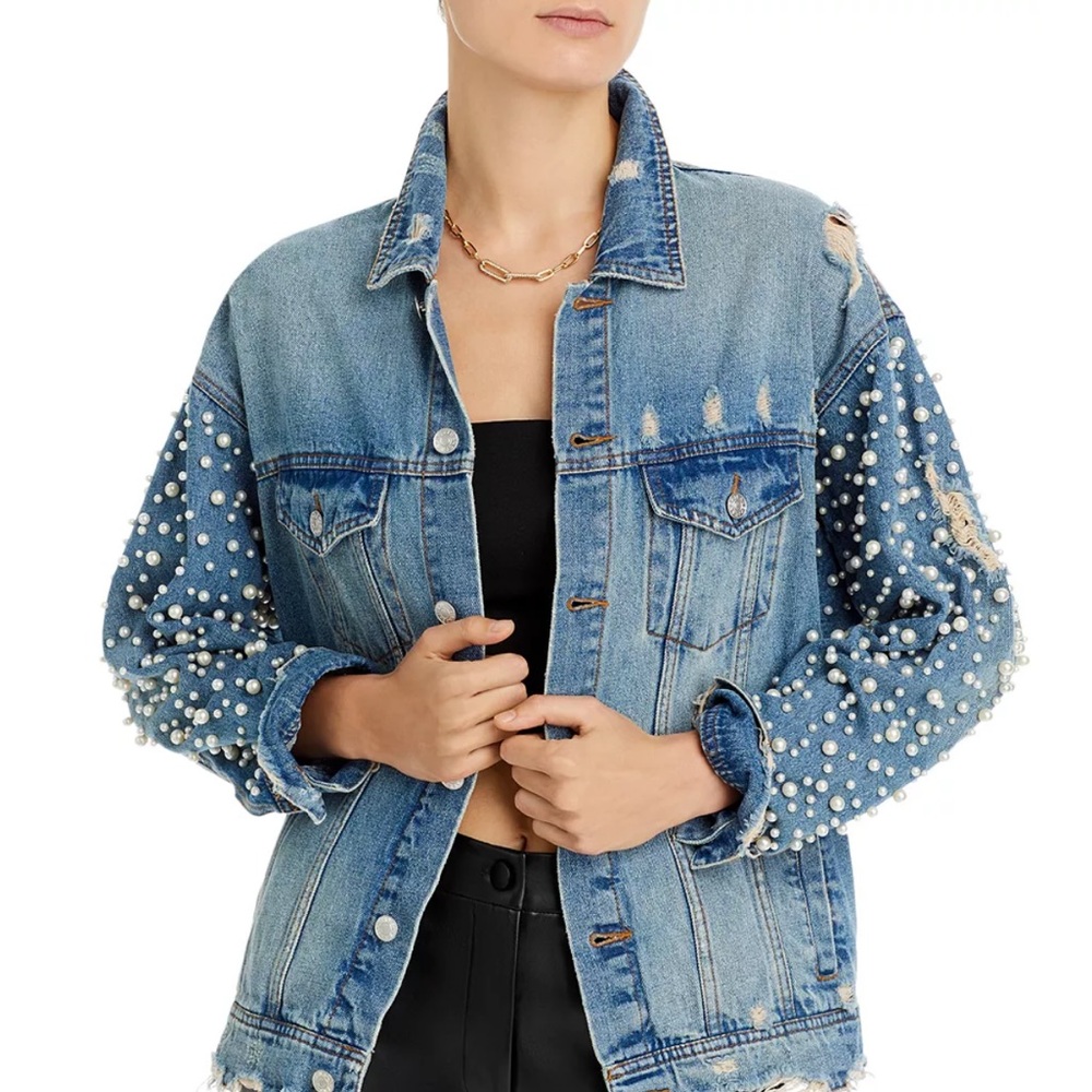 Women's Blue Pearl Embellished Jean Jacket
